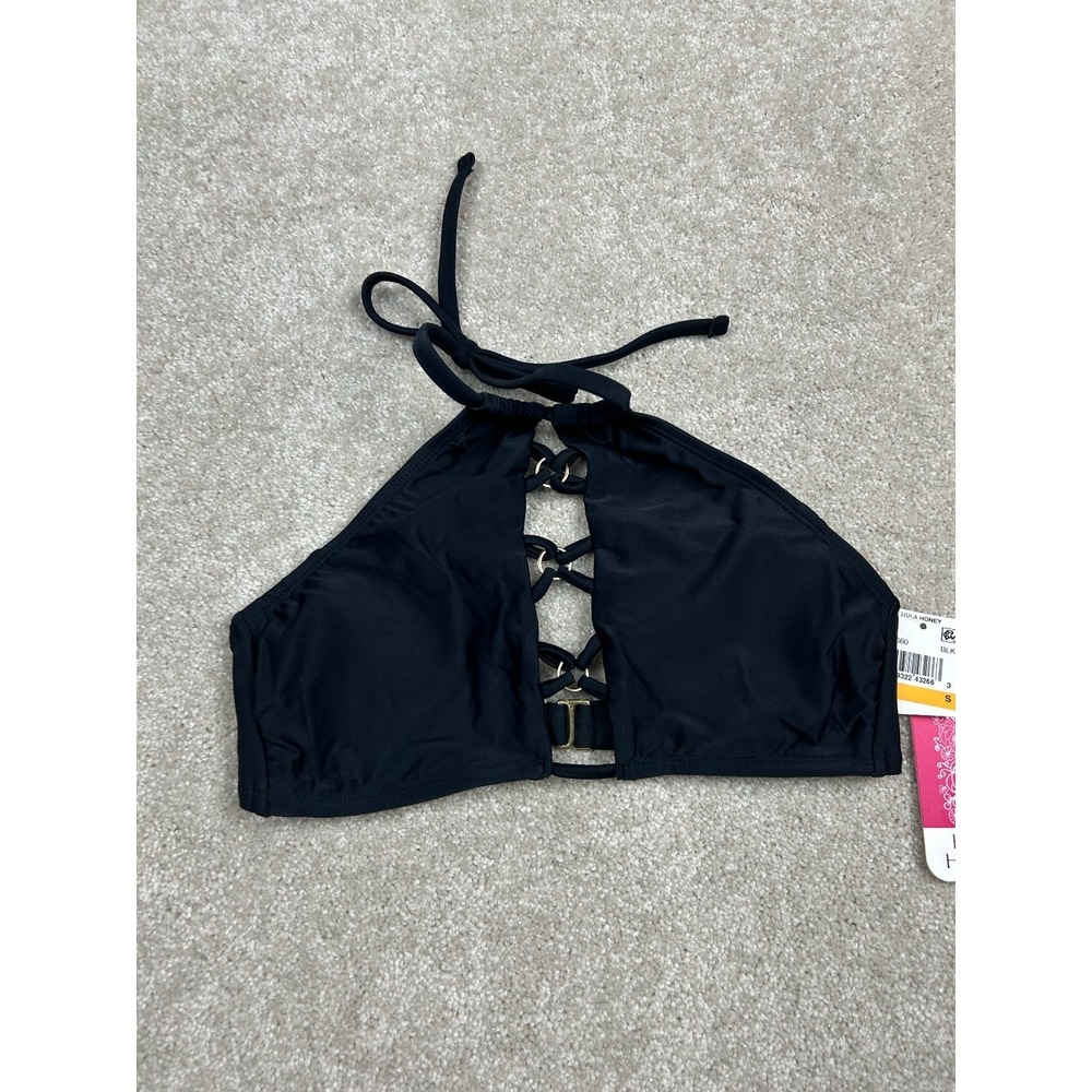HULA HONEY Women's Black Size S Halter Lace Up Gold Ring Nylon Spandex Swimwear